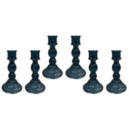 Set Of 6 Ribbed Glass Dinner Candle Holders - Blue - thumbnail 2