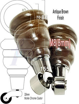 L&F 4X Antique Brown 155mm High Wood Furniture Legs With Black Chrome Castor Feet Settee Chairs, Sofas M8 Tsp2007 - image 1