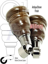 L&F 4X Antique Brown 155mm High Wood Furniture Legs With Black Chrome Castor Feet Settee Chairs, Sofas M8 Tsp2007 - thumbnail 1