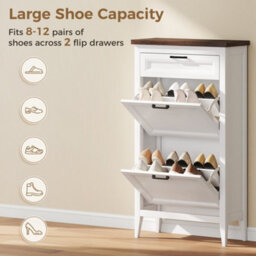 Homcom Shoe Cabinet With 2 Flip Drawers, Narrow Shoe Storage Cabinet, White - thumbnail 5