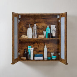 Homestylestore 600 X 650mm Dark Oak Wall Mounted Mirrored Door Bathroom Cabinet And Brushed Brass Finger Pull Handles - thumbnail 2