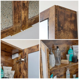 Homestylestore 600 X 650mm Dark Oak Wall Mounted Mirrored Door Bathroom Cabinet And Brushed Brass Finger Pull Handles - thumbnail 3