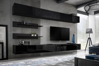 Arte Fly I1 Black Gloss Entertainment Unit 320Cm - Dramatic Low-Line Media Wall For Tvs Up To 75 Inch