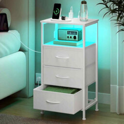 Bedside Table With Charging Station, App-Controlled Led Lights, Open Shelf And 3 Drawers, Cloud White And Snow White
