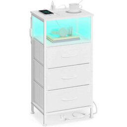 Bedside Table With Charging Station, App-Controlled Led Lights, Open Shelf And 3 Drawers, Cloud White And Snow White - thumbnail 6