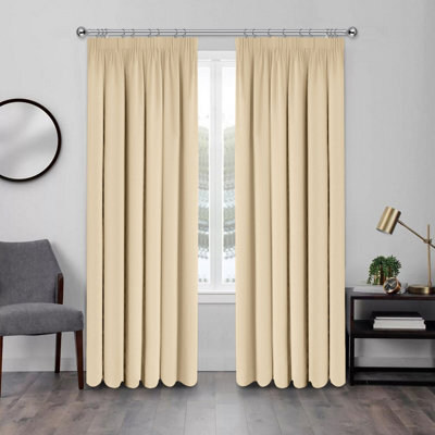 Ameha Cream Plain Blackout Curtain Ready Made Pencil Pleat Thermal Insulated Curtain Pair 90''x90'' With Tiebacks Home Decor Uk - image 1