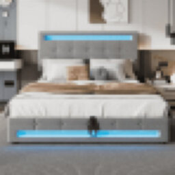 Matteo Grey Velvet Double Ottoman Bed Frame 4Ft6 With Hydraulic Lift Storage, Square Embellishment & App-Controlled 7-Colour Led Lights - thumbnail 1