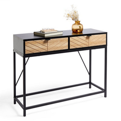 Vonhaus Chevron Console Table, Black & Light Wood Effect Hallway Table, 2 Drawer Entryway Hall Table With Metal Frame, Dalton - image 1