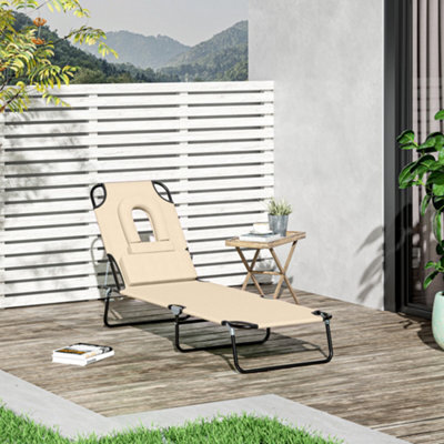 Outsunny Folding Sun Lounger Reclining Chair W/ Pillow Reading Hole Beige - image 1