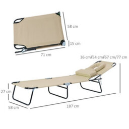 Outsunny Folding Sun Lounger Reclining Chair W/ Pillow Reading Hole Beige - thumbnail 3