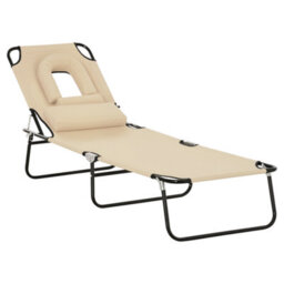 Outsunny Folding Sun Lounger Reclining Chair W/ Pillow Reading Hole Beige - thumbnail 2