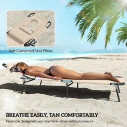 Outsunny Folding Sun Lounger Reclining Chair W/ Pillow Reading Hole Beige - thumbnail 7