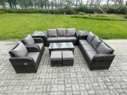 Fimous Wicker Pe Rattan Sofa Set 10 Seater Outdoor Patio Garden Furniture Set With 2 Reclining Chairs Coffee Table 2 Side Tables - thumbnail 2