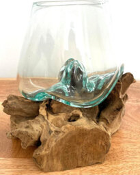My Square Mile Molten Glass Round Decorative Bowl On Wood Root Stand Glass Rustic Ornament Sculpture Key Sweet Display Dish - thumbnail 4