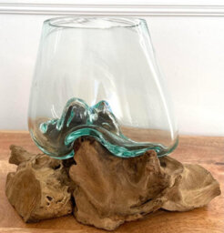 My Square Mile Molten Glass Round Decorative Bowl On Wood Root Stand Glass Rustic Ornament Sculpture Key Sweet Display Dish - thumbnail 2