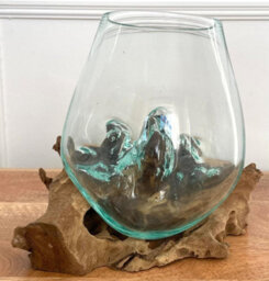 My Square Mile Molten Glass Round Decorative Bowl On Wood Root Stand Glass Rustic Ornament Sculpture Key Sweet Display Dish - thumbnail 3
