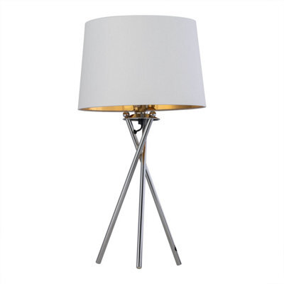 First Choice Lighting Tripod - Chrome Lamp With White & Gold Fabric Shade - image 1