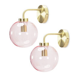 Valuelights Frenchie Pair Of - Brushed Gold Metal Wall Light With Pink Tinted Glass Globe Shade - Led Bulbs Included