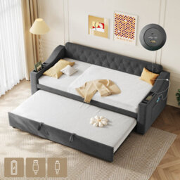 Abrihome 3Ft Grey Linen Upholstered Daybed With Charging Station & Trundle - 90X190Cm Single Sofa Bed With Armrest Storage For Living Room - thumbnail 9