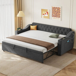 Abrihome 3Ft Grey Linen Upholstered Daybed With Charging Station & Trundle - 90X190Cm Single Sofa Bed With Armrest Storage For Living Room - thumbnail 3