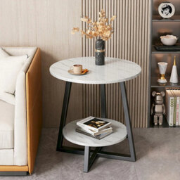 2 Tiers Coffee Table Round Side Table White Marble Effect End Table Living Room - thumbnail 1