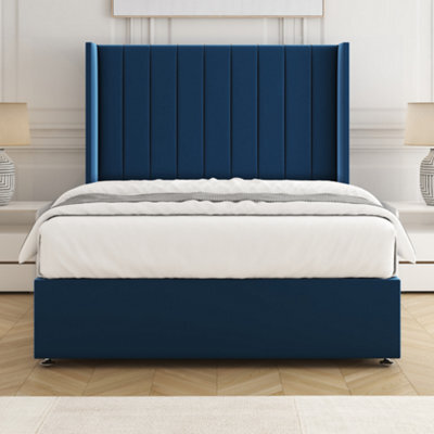 Bsspoke Hannah Divan Bed Set Blue Plush Velvet 54Inch Wingedback Panel Headboard & Mattress No Drawers In 3Ft 4Ft 4Ft6 5Ft 6Ft - image 1