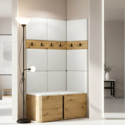 Orion I Hallway Set Artisan Oak Shoe Cabinet Hangers White Eco Leather Panels