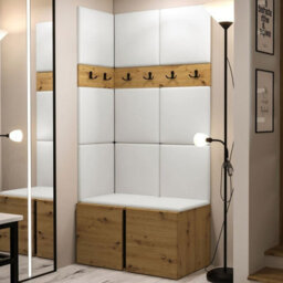 Orion I Hallway Set Artisan Oak Shoe Cabinet Hangers White Eco Leather Panels - thumbnail 2
