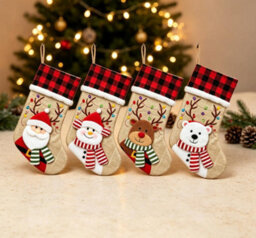 Amorly 4Pcs Burlap Christmas Stockings, Hanging Fireplace Xmas Stockings With Santa Reindeer Snowman Bear Patterns For Holiday Home Decor - thumbnail 3
