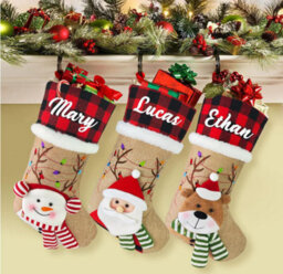 Amorly 4Pcs Burlap Christmas Stockings, Hanging Fireplace Xmas Stockings With Santa Reindeer Snowman Bear Patterns For Holiday Home Decor - thumbnail 2