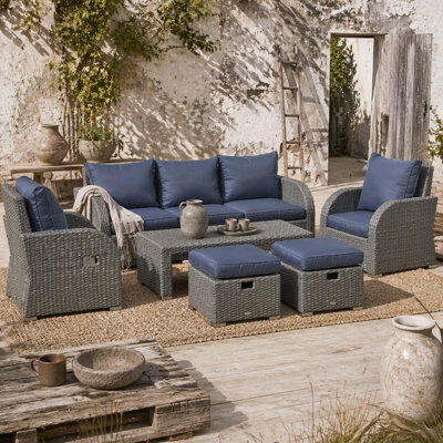 Wyld Haus Sediro Lule Grey And Blue 7-Seater Rattan Outdoor Sofa Set With Reclining Armchairs, Footstools And Table - image 1