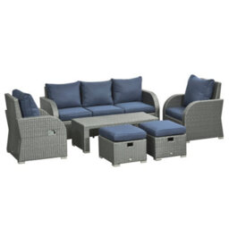 Wyld Haus Sediro Lule Grey And Blue 7-Seater Rattan Outdoor Sofa Set With Reclining Armchairs, Footstools And Table - thumbnail 3