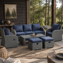 Wyld Haus Sediro Lule Grey And Blue 7-Seater Rattan Outdoor Sofa Set With Reclining Armchairs, Footstools And Table - thumbnail 2