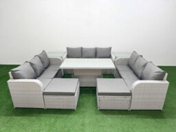 Fimous 11 Seater Outdoor Garden Furniture Set Adjustable Lifting Dining Or Coffee Table 3 Seater Sofa 2 Big Footstool 2 Side Table