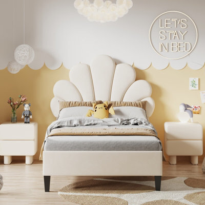 3Ft Single Bed, Upholstered Bed Frame 90X190 Cm, Scalloped Headboard Beige Velvet - image 1