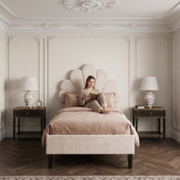 3Ft Single Bed, Upholstered Bed Frame 90X190 Cm, Scalloped Headboard Beige Velvet - thumbnail 3