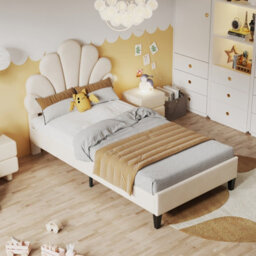 3Ft Single Bed, Upholstered Bed Frame 90X190 Cm, Scalloped Headboard Beige Velvet - thumbnail 4