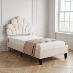 3Ft Single Bed, Upholstered Bed Frame 90X190 Cm, Scalloped Headboard Beige Velvet - thumbnail 2