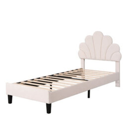 3Ft Single Bed, Upholstered Bed Frame 90X190 Cm, Scalloped Headboard Beige Velvet - thumbnail 7