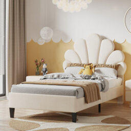 3Ft Single Bed, Upholstered Bed Frame 90X190 Cm, Scalloped Headboard Beige Velvet - thumbnail 5