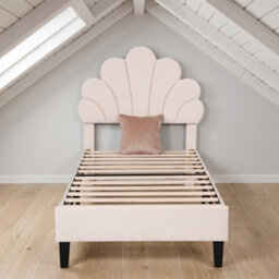 3Ft Single Bed, Upholstered Bed Frame 90X190 Cm, Scalloped Headboard Beige Velvet - thumbnail 6