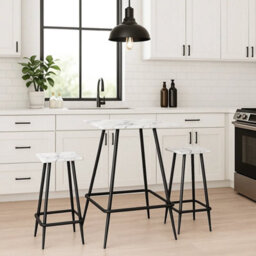 3 Pcs Square Breakfast Bar Table & 2 Stools Set Wood Metal Industrial Style Legs White Marble - thumbnail 4