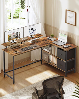 Vasagle Corner Computer Desk With Drawers, Adjustable Storage Shelf, L-Shaped Gaming Desk For Home Office, Brown