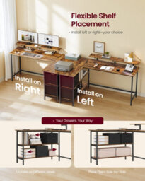 Vasagle Corner Computer Desk With Drawers, Adjustable Storage Shelf, L-Shaped Gaming Desk For Home Office, Brown - thumbnail 4