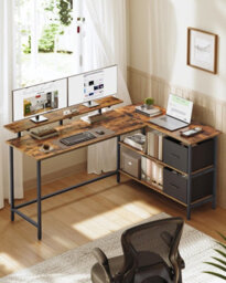 Vasagle Corner Computer Desk With Drawers, Adjustable Storage Shelf, L-Shaped Gaming Desk For Home Office, Brown - thumbnail 1