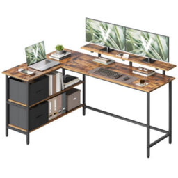 Vasagle Corner Computer Desk With Drawers, Adjustable Storage Shelf, L-Shaped Gaming Desk For Home Office, Brown - thumbnail 2