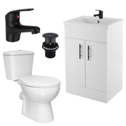 FNX Bathrooms Bubly Bathrooms™ 600mm Freestanding Gloss White Vanity Unit & Basin Set With D-Shape Wc & Matt Black Tap - thumbnail 1