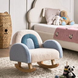 Wyld And Coco Kids Light Blue Bouclé Indoor Rocking Chair - Child-Sized, Soft Upholstery, Rubberwood Legs - thumbnail 2