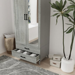 Urbn-Living Urbnliving 180Cm Height Grey Mirror Wardrobe With Ash Grey 2 Door 2 Drawer Bedroom Clothes Storage Hanging Rail - thumbnail 3