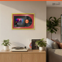 "AK Frames 25X17"" Gold Sleek Vinyl Record Frame With Crimson Mount For 12 Inch Lp Cover & Disc - Overlapped Design" - thumbnail 5